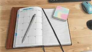 agenda bullet journal con matita e post su scrivania in legno chiaro, si intravedono mouse, tastiera e sostegno polso